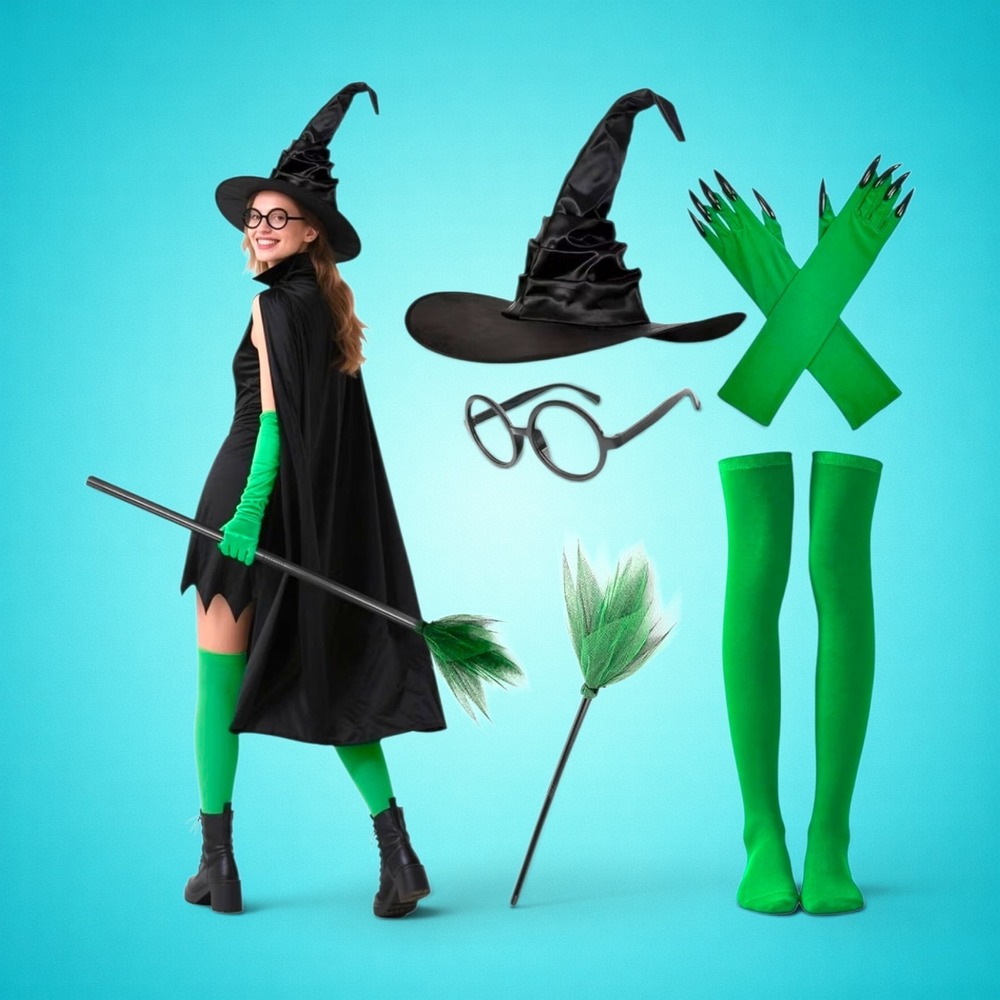 Wicked Witch Costume Accessory Set Cape Hat Broom Gloves Glasses Socks 6pc Kit